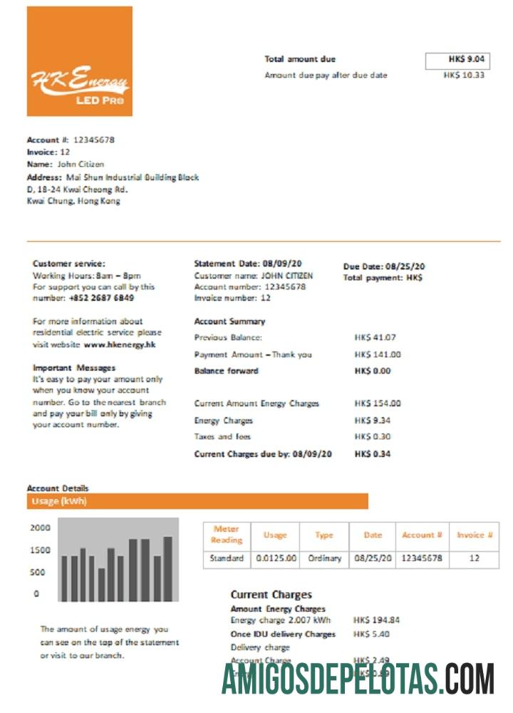 Conta de serviços públicos da Hong Kong Energy Ltd exemplo real